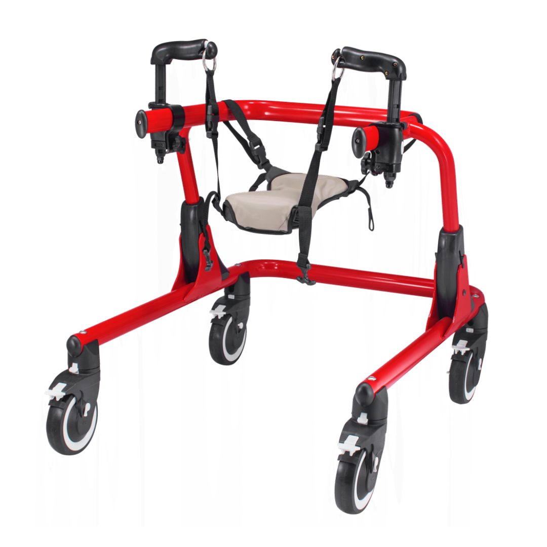The Hip Positioner With Pad for Pivot Gait Trainer offers pelvic support and comfort with a padded seat, adjustable harness, and enhanced mobility through swiveling caster wheels and sturdy black handles.